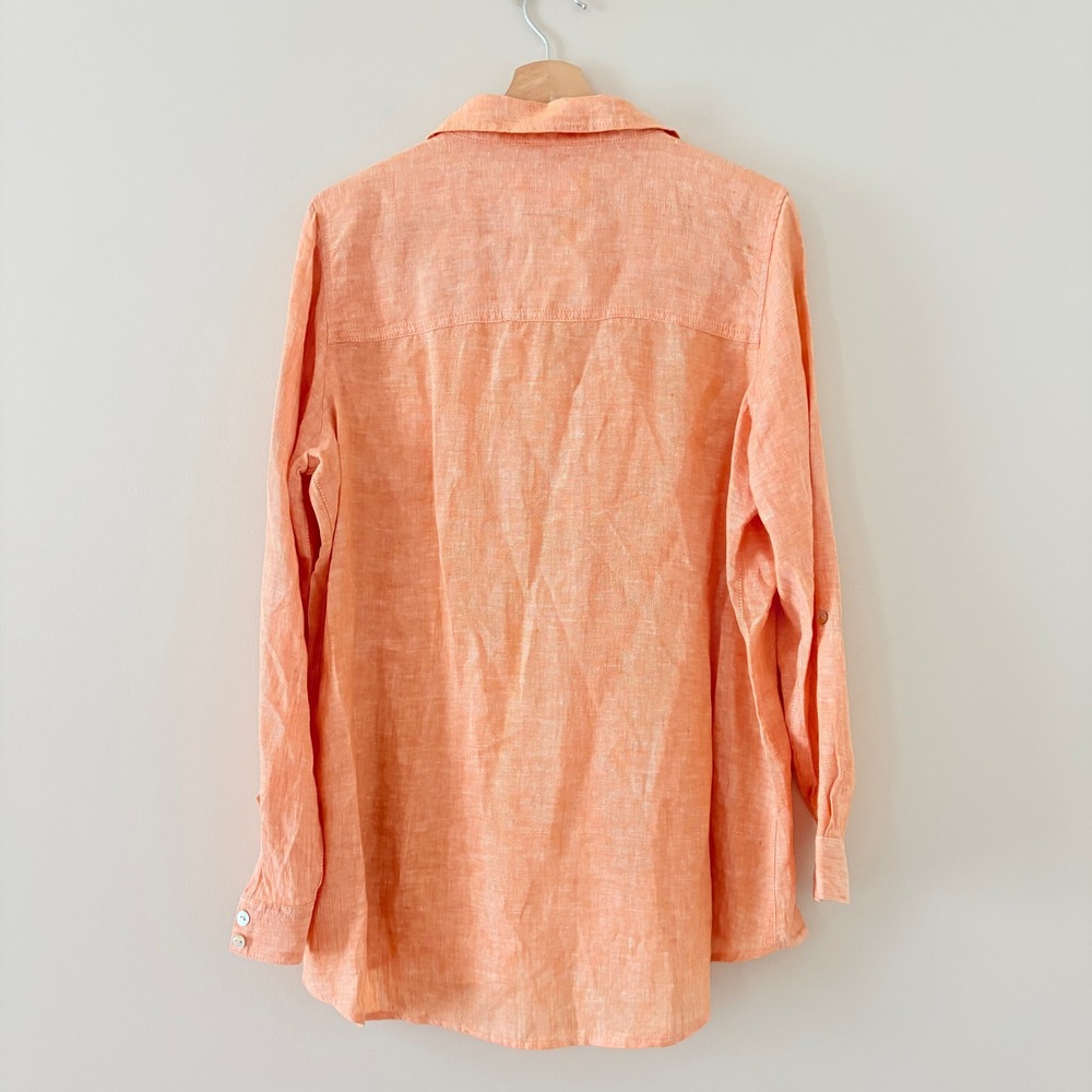 Sigrid Olsen Button Down Shirt L Peach Orange Linen Roll Tab Long Sleeve Casual - Picture 3 of 7